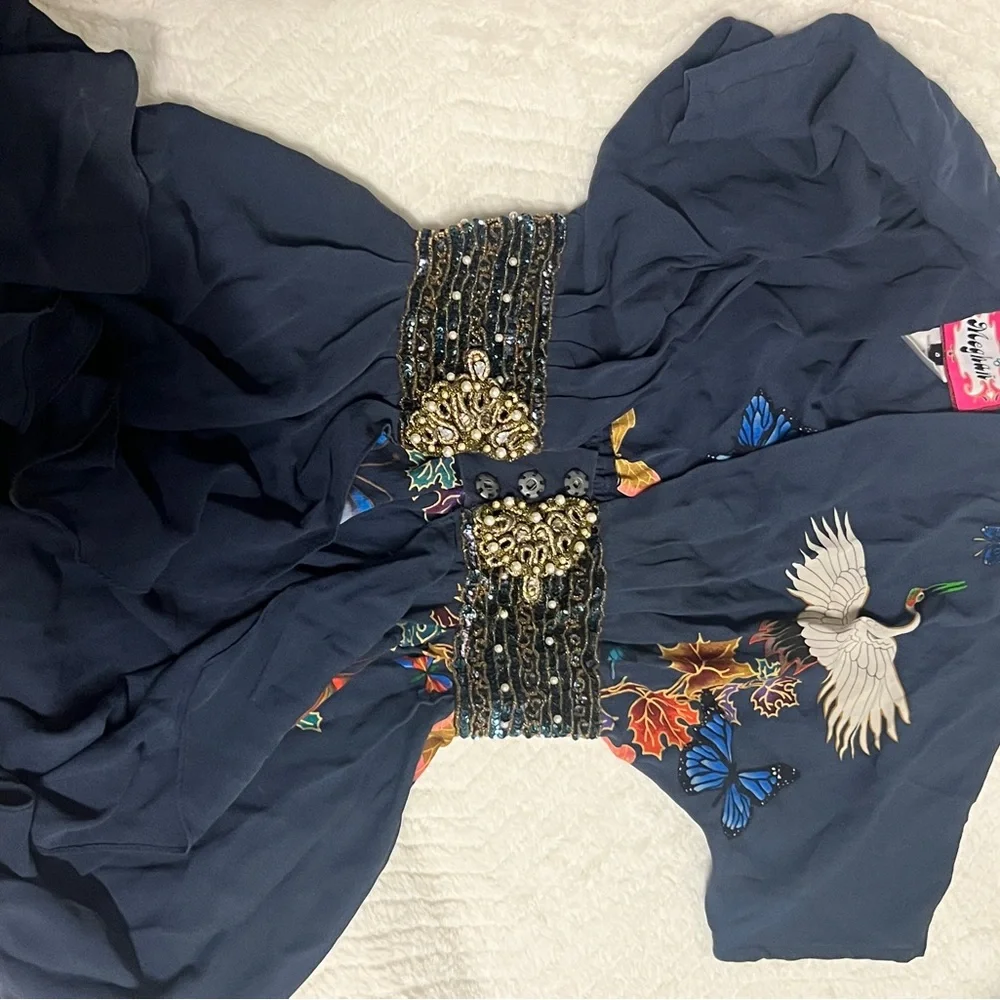 Meghan LA Dark Blue Kimono with Crane and Beaded Belt - Picture 8 of 9